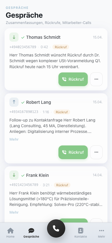 Anruf-Liste mit Eingehend, Verpasst und Rückruf-Buttons