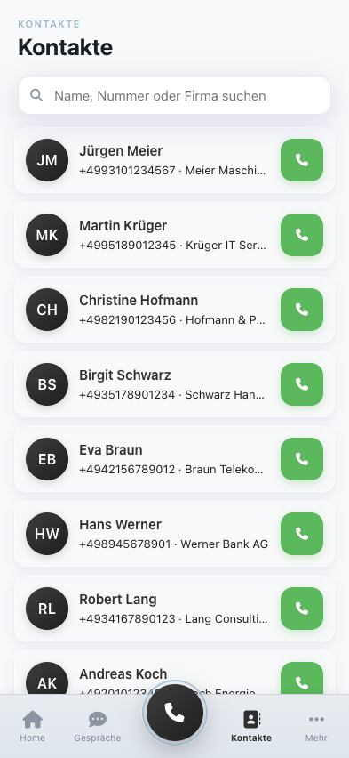 Kontakt-Liste mit Firmenname, Telefonnummer und Deal-Status