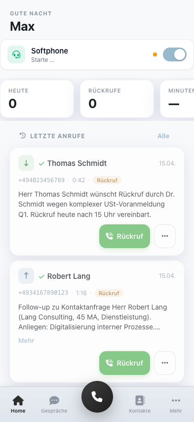 voiceOne Mobile App – Startbildschirm mit Softphone-Toggle, Statistiken und letzten Anrufen